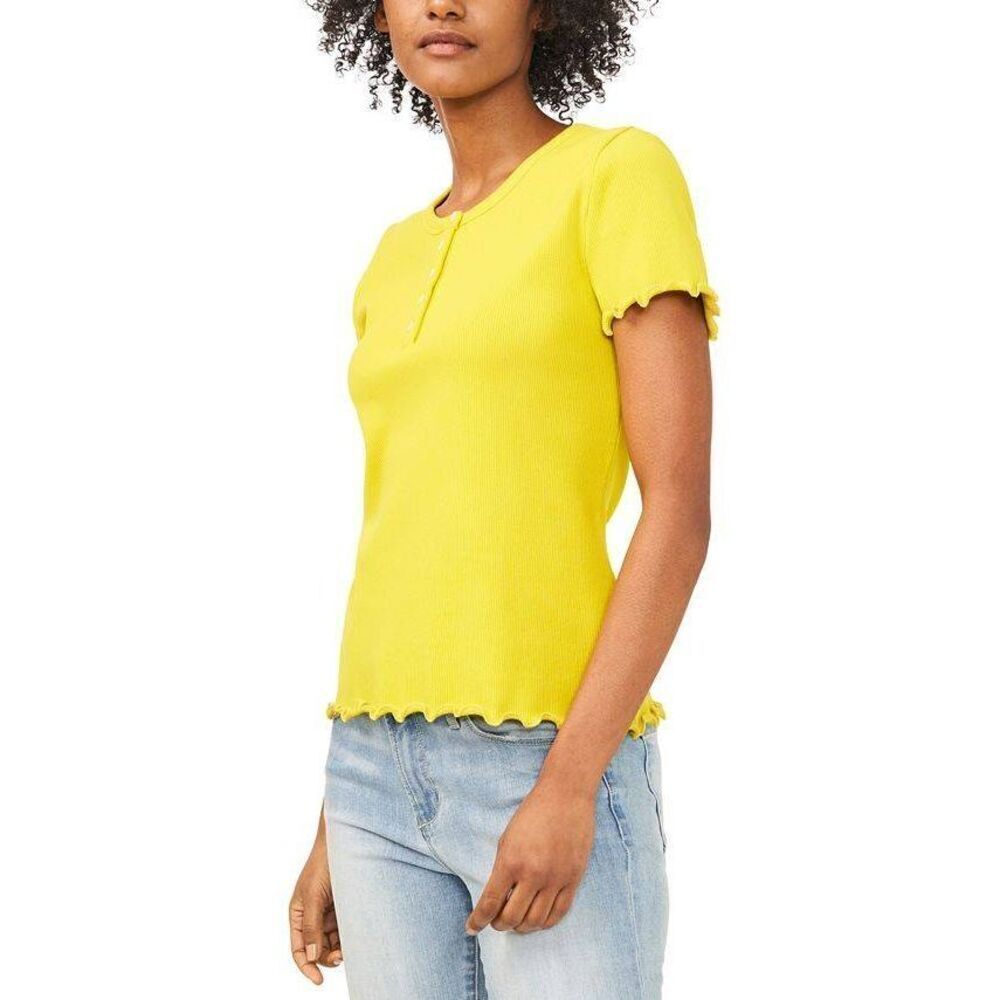 Riley & Rae Ladies Size Medium Chartreuse Yellow Ribbed Lettuce Edge Henley Top
